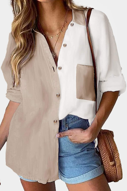 Beige and White Color Block Blouse