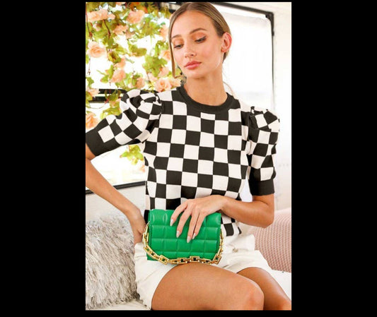 Black Checkered Puffy Sleeved Top