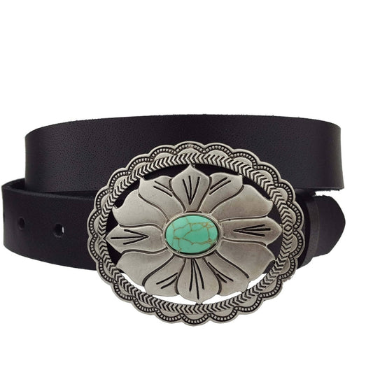 Black Genuine Leather Belt With Floral Buckle
